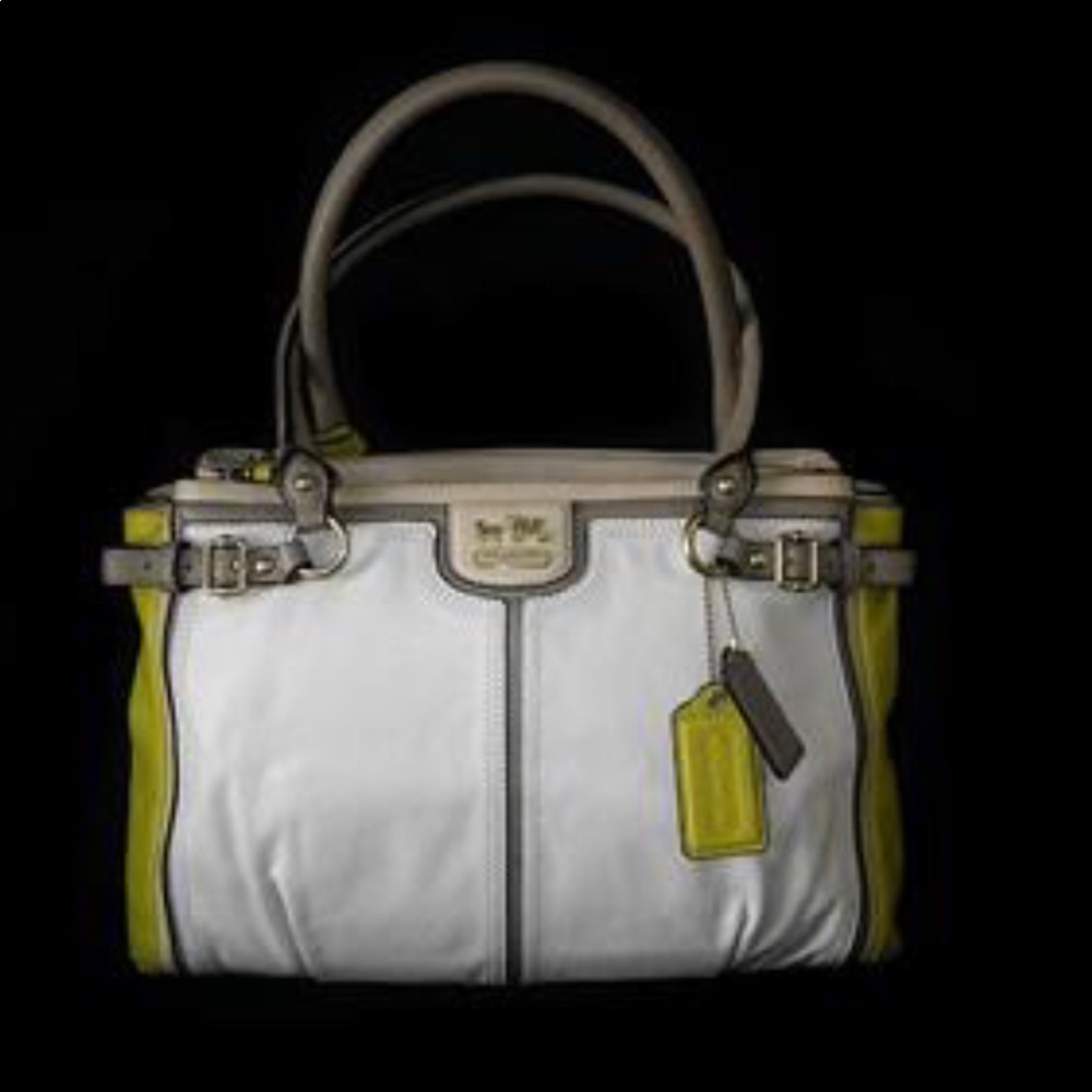 Coach Madison Colorblock Leather Parchment Kiwi Kara Carryall Tote Bag Satchel